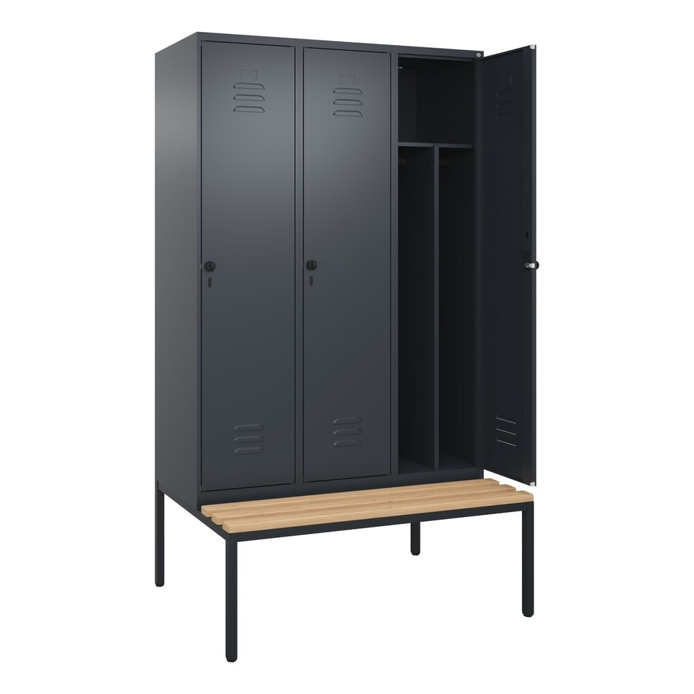 Produktabbildung: C+P Spind Classic PLUS, 3 Abteile, Trennwand, HxBxT 2.120 x 1.200 x 815 mm, für Vorhängeschloss, Trennwand, untergebaute Bank aus Buche, anthrazitgrau, anthrazitgrau