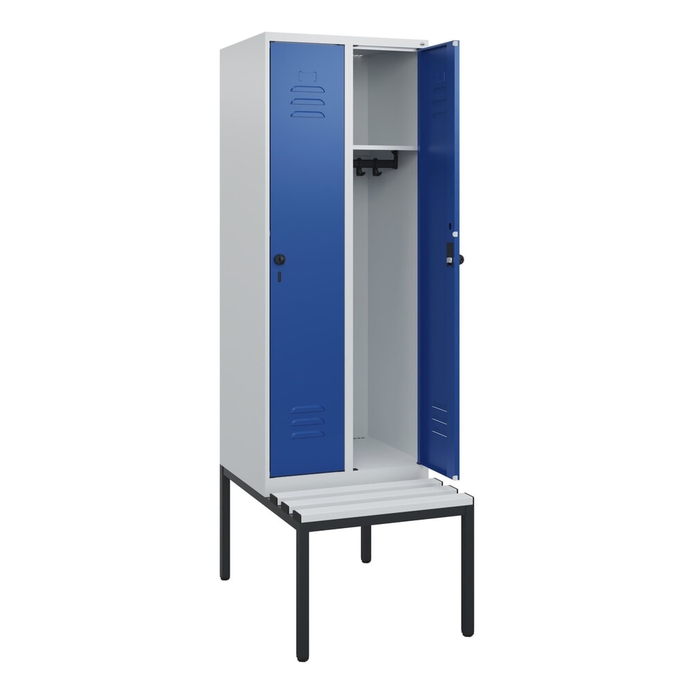 Produktabbildung: C+P Spind Classic PLUS, 2 Abteile, HxBxT 1.950 x 600 x 815 mm, für Vorhängeschloss, untergebaute Bank aus Kunststoff, lichtgrau, enzianblau