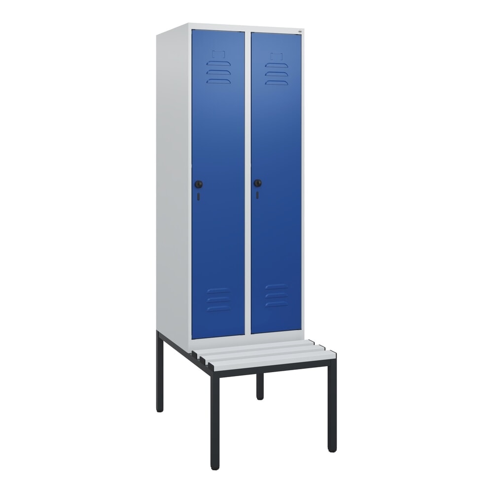 Produktabbildung Nr. 9: C+P Spind Classic PLUS, 2 Abteile, HxBxT 1.950 x 600 x 815 mm, für Vorhängeschloss, untergebaute Bank aus Kunststoff, lichtgrau, enzianblau