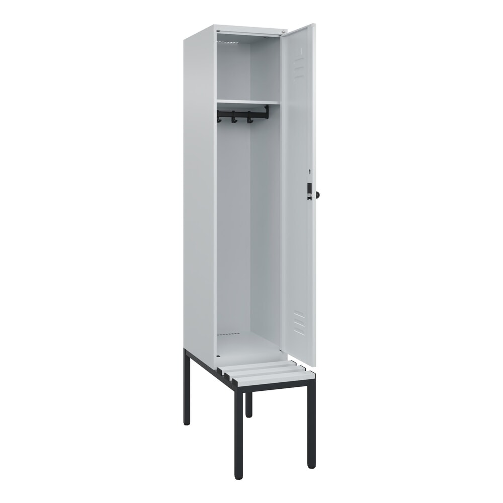 Produktabbildung: C+P Spind Classic PLUS, 1 Abteil, HxBxT 2.120 x 400 x 815 mm, für Vorhängeschloss, untergebaute Bank aus Kunststoff, lichtgrau, lichtgrau