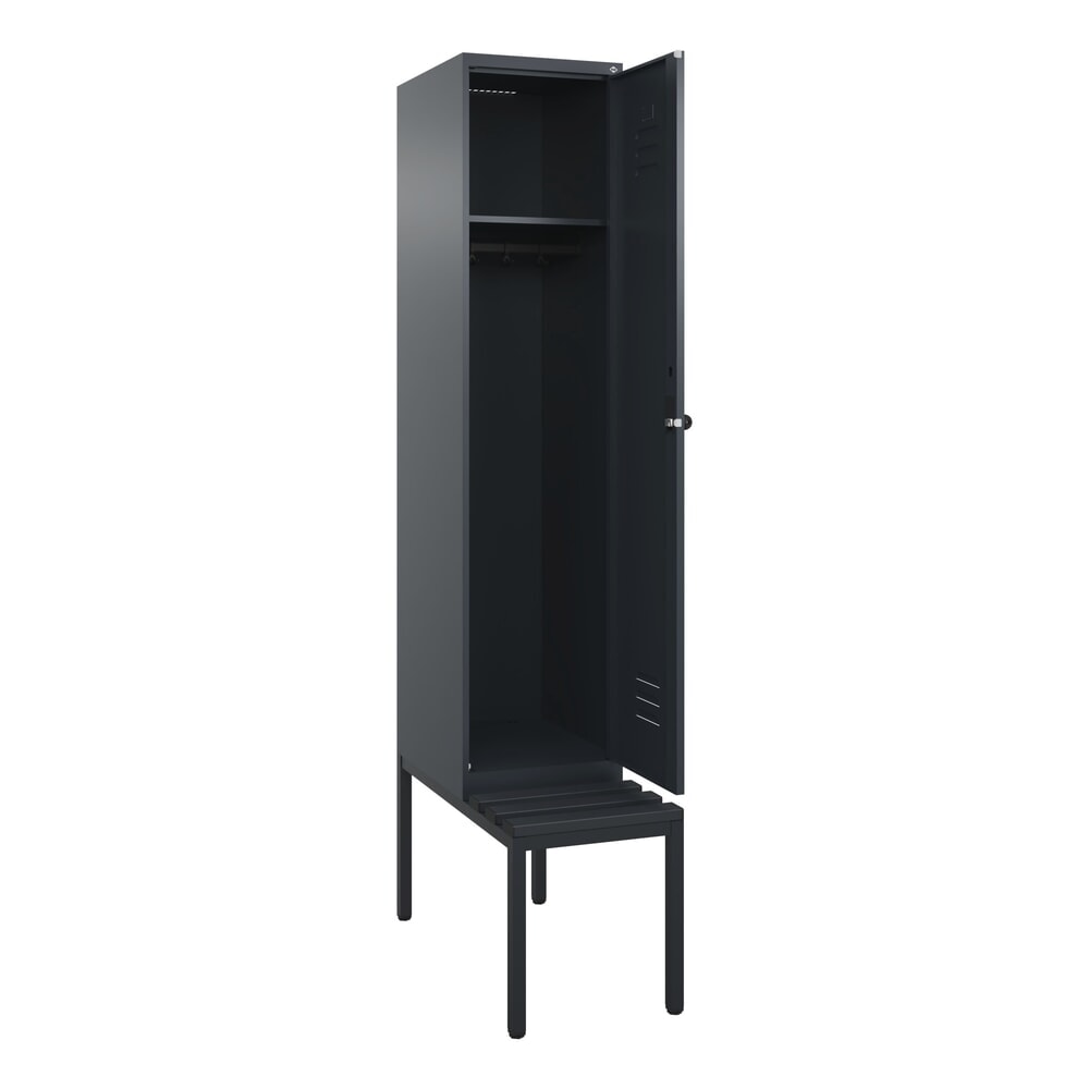 Produktabbildung: C+P Spind Classic PLUS, 1 Abteil, HxBxT 2.120 x 400 x 815 mm, für Vorhängeschloss, untergebaute Bank aus Kunststoff, anthrazitgrau, anthrazitgrau