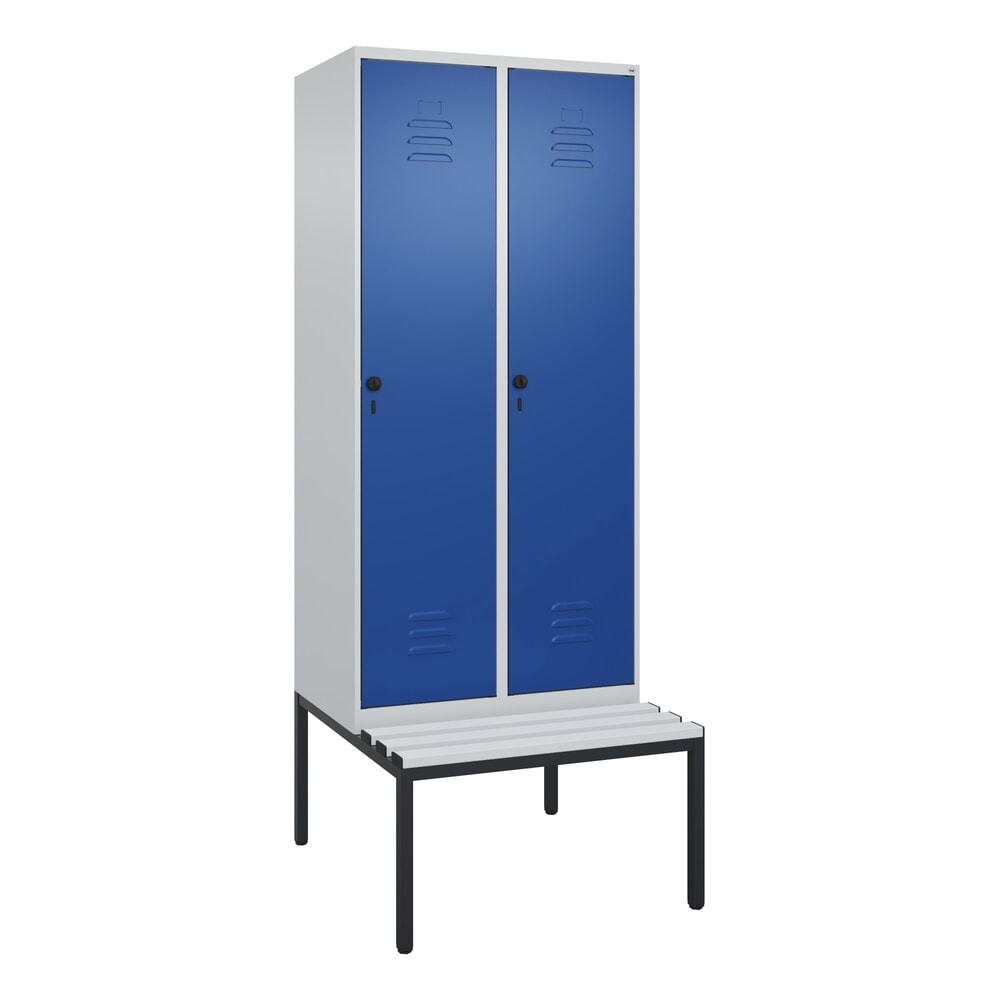 Produktabbildung Nr. 9: C+P Spind Classic PLUS, 2 Abteile, HxBxT 2.120 x 800 x 815 mm, für Vorhängeschloss, untergebaute Bank aus Kunststoff, lichtgrau, enzianblau