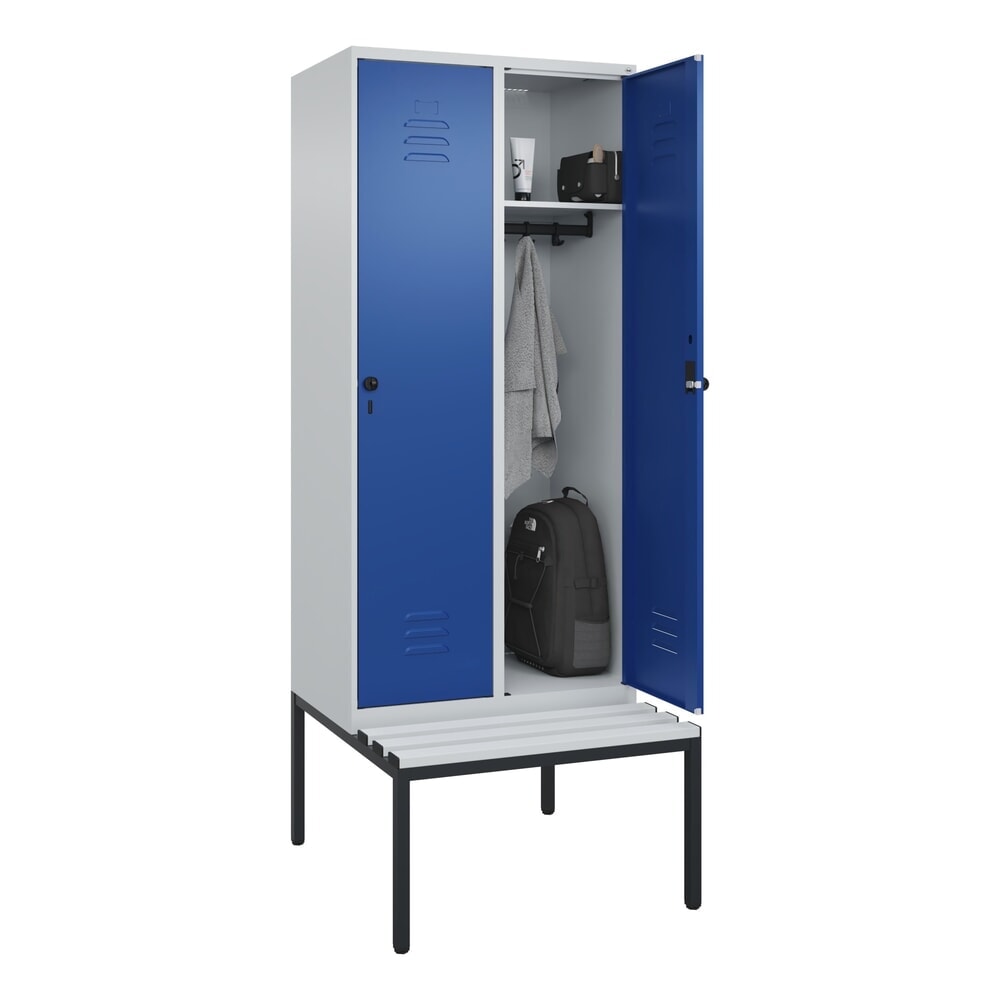 Produktabbildung Nr. 10: C+P Spind Classic PLUS, 2 Abteile, HxBxT 2.120 x 800 x 815 mm, für Vorhängeschloss, untergebaute Bank aus Kunststoff, lichtgrau, enzianblau