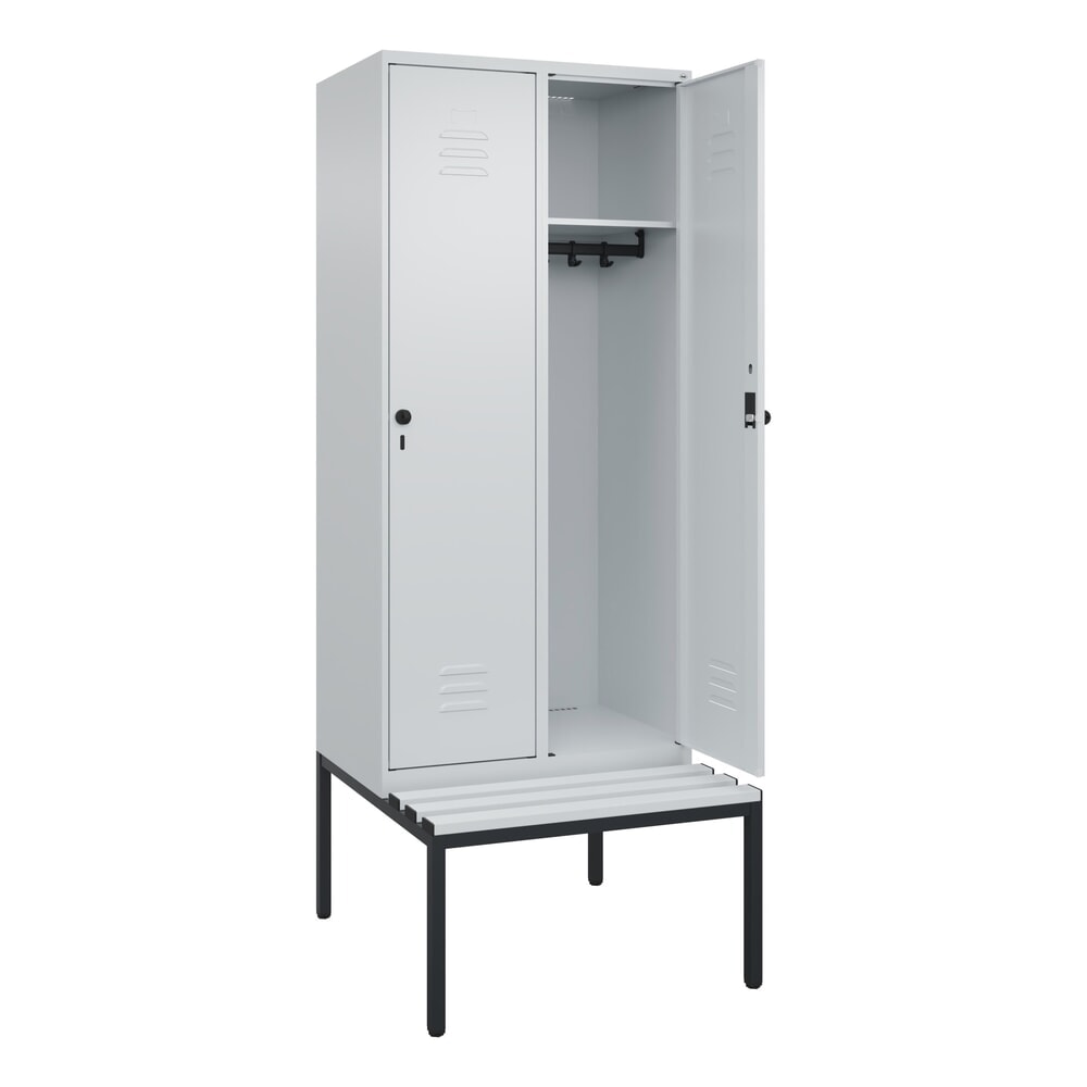 Produktabbildung: C+P Spind Classic PLUS, 2 Abteile, HxBxT 2.120 x 800 x 815 mm, für Vorhängeschloss, untergebaute Bank aus Kunststoff, lichtgrau, lichtgrau