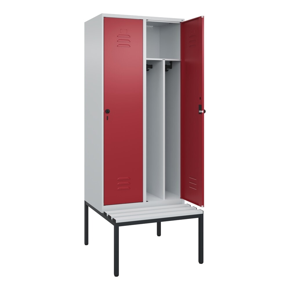 Produktabbildung: C+P Spind Classic PLUS, 2 Abteile, Trennwand, HxBxT 2.120 x 800 x 815 mm, für Vorhängeschloss, Trennwand, untergebaute Bank aus Kunststoff, lichtgrau, rubinrot