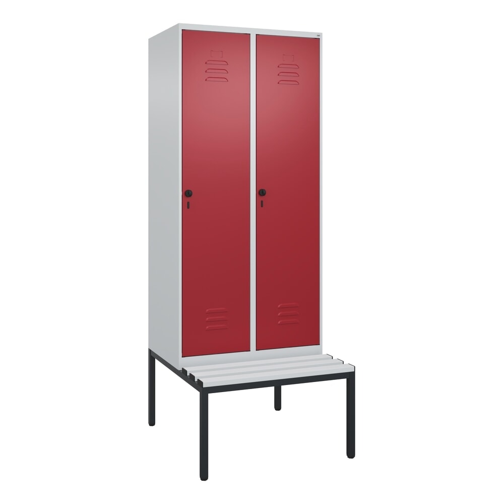 Produktabbildung Nr. 9: C+P Spind Classic PLUS, 2 Abteile, Trennwand, HxBxT 2.120 x 800 x 815 mm, für Vorhängeschloss, Trennwand, untergebaute Bank aus Kunststoff, lichtgrau, rubinrot