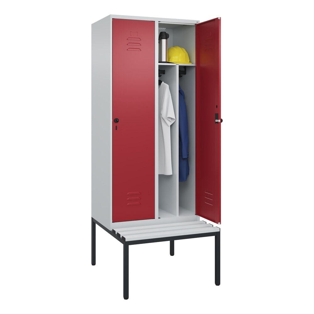 Produktabbildung Nr. 10: C+P Spind Classic PLUS, 2 Abteile, Trennwand, HxBxT 2.120 x 800 x 815 mm, für Vorhängeschloss, Trennwand, untergebaute Bank aus Kunststoff, lichtgrau, rubinrot