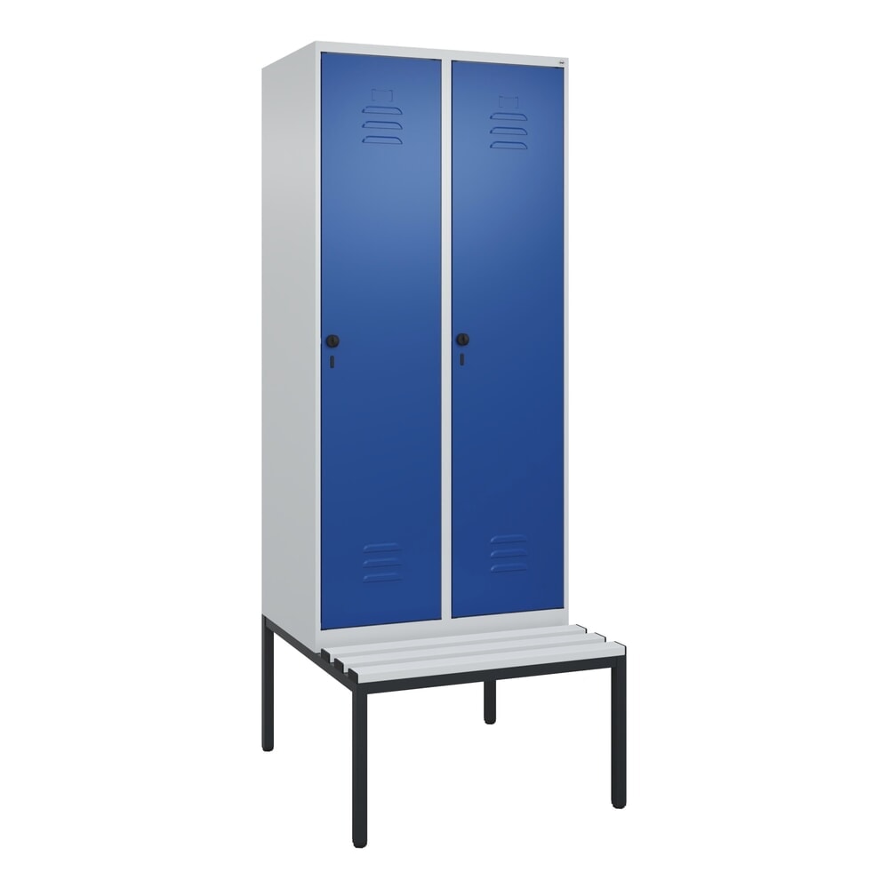 Produktabbildung Nr. 9: C+P Spind Classic PLUS, 2 Abteile, Trennwand, HxBxT 2.120 x 800 x 815 mm, für Vorhängeschloss, Trennwand, untergebaute Bank aus Kunststoff, lichtgrau, enzianblau