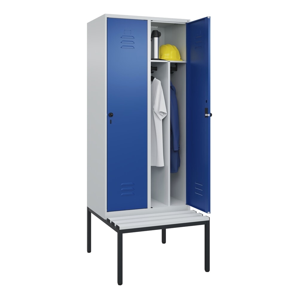 Produktabbildung Nr. 10: C+P Spind Classic PLUS, 2 Abteile, Trennwand, HxBxT 2.120 x 800 x 815 mm, für Vorhängeschloss, Trennwand, untergebaute Bank aus Kunststoff, lichtgrau, enzianblau