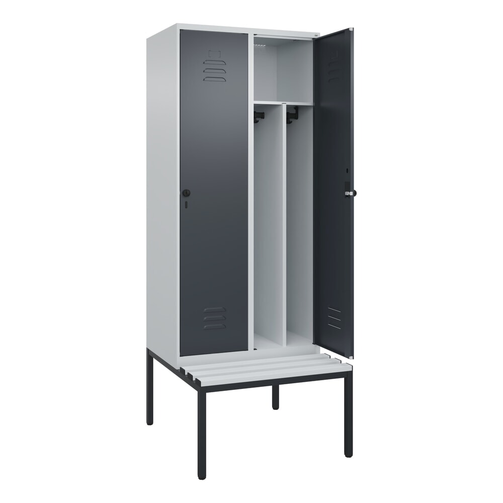Produktabbildung: C+P Spind Classic PLUS, 2 Abteile, Trennwand, HxBxT 2.120 x 800 x 815 mm, für Vorhängeschloss, Trennwand, untergebaute Bank aus Kunststoff, lichtgrau, anthrazitgrau