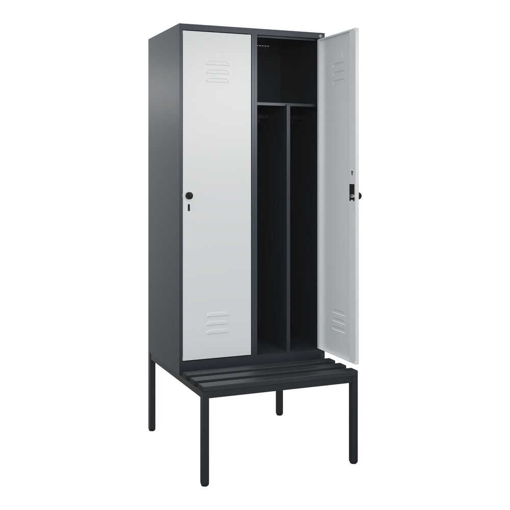 Produktabbildung: C+P Spind Classic PLUS, 2 Abteile, Trennwand, HxBxT 2.120 x 800 x 815 mm, für Vorhängeschloss, Trennwand, untergebaute Bank aus Kunststoff, anthrazitgrau, lichtgrau
