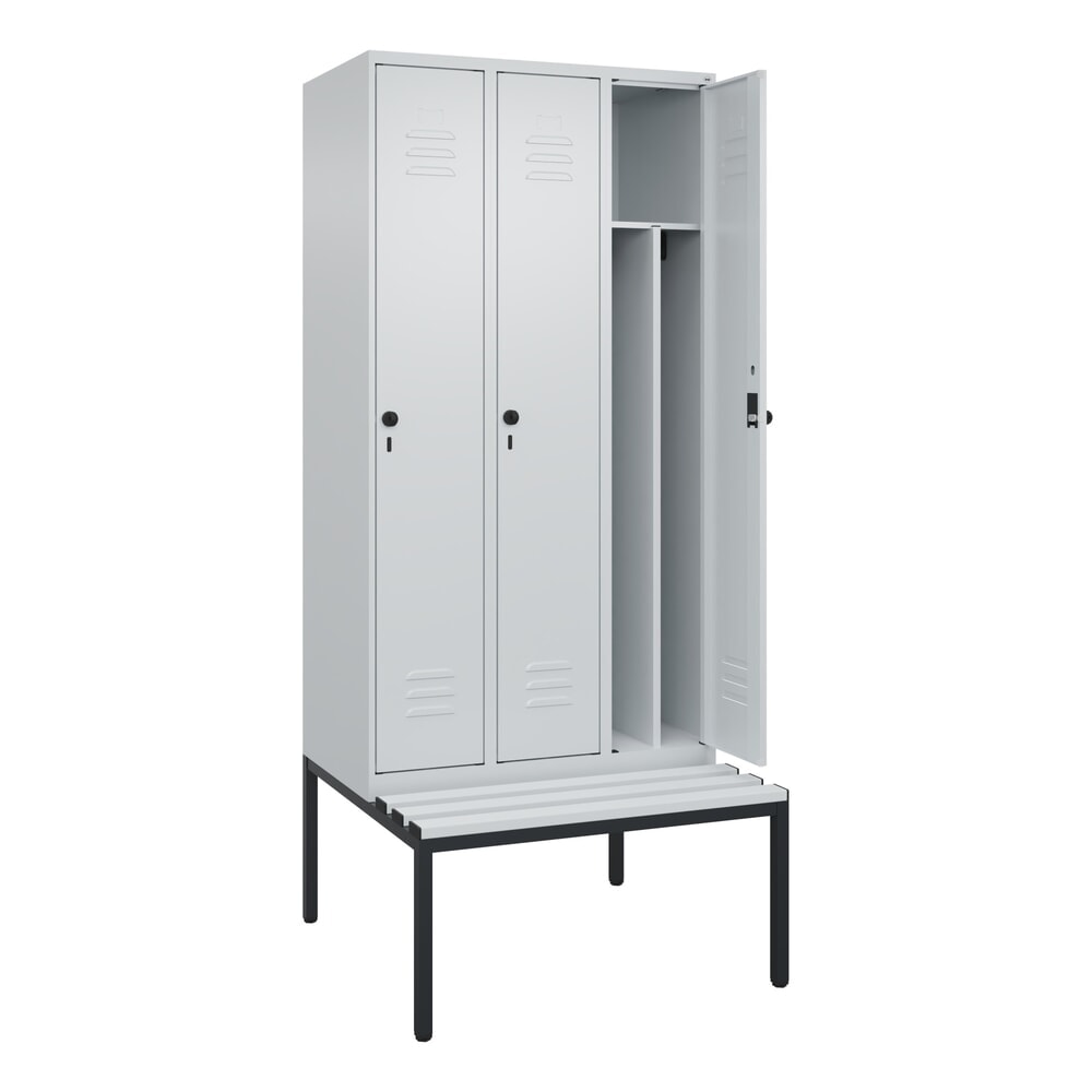 Produktabbildung: C+P Spind Classic PLUS, 3 Abteile, Trennwand, HxBxT 2.120 x 900 x 815 mm, für Vorhängeschloss, Trennwand, untergebaute Bank aus Kunststoff, lichtgrau, lichtgrau