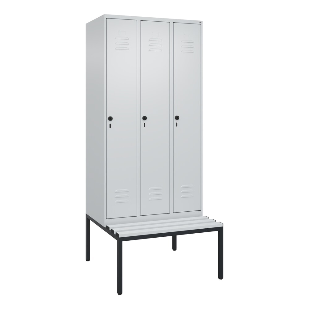 Produktabbildung Nr. 9: C+P Spind Classic PLUS, 3 Abteile, Trennwand, HxBxT 2.120 x 900 x 815 mm, für Vorhängeschloss, Trennwand, untergebaute Bank aus Kunststoff, lichtgrau, lichtgrau
