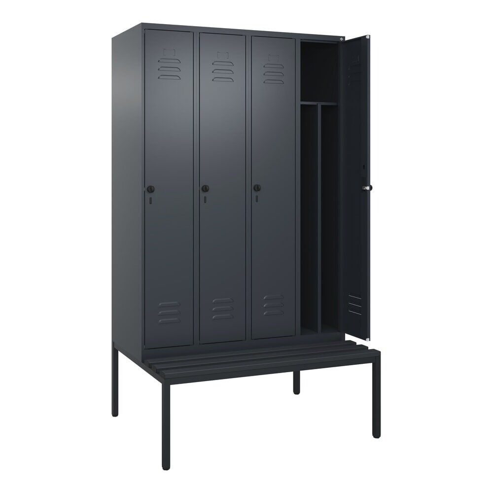 Produktabbildung: C+P Spind Classic PLUS, 4 Abteile, Trennwand, HxBxT 2.120 x 1.200 x 815 mm, für Vorhängeschloss, Trennwand, untergebaute Bank aus Kunststoff, anthrazitgrau, anthrazitgrau