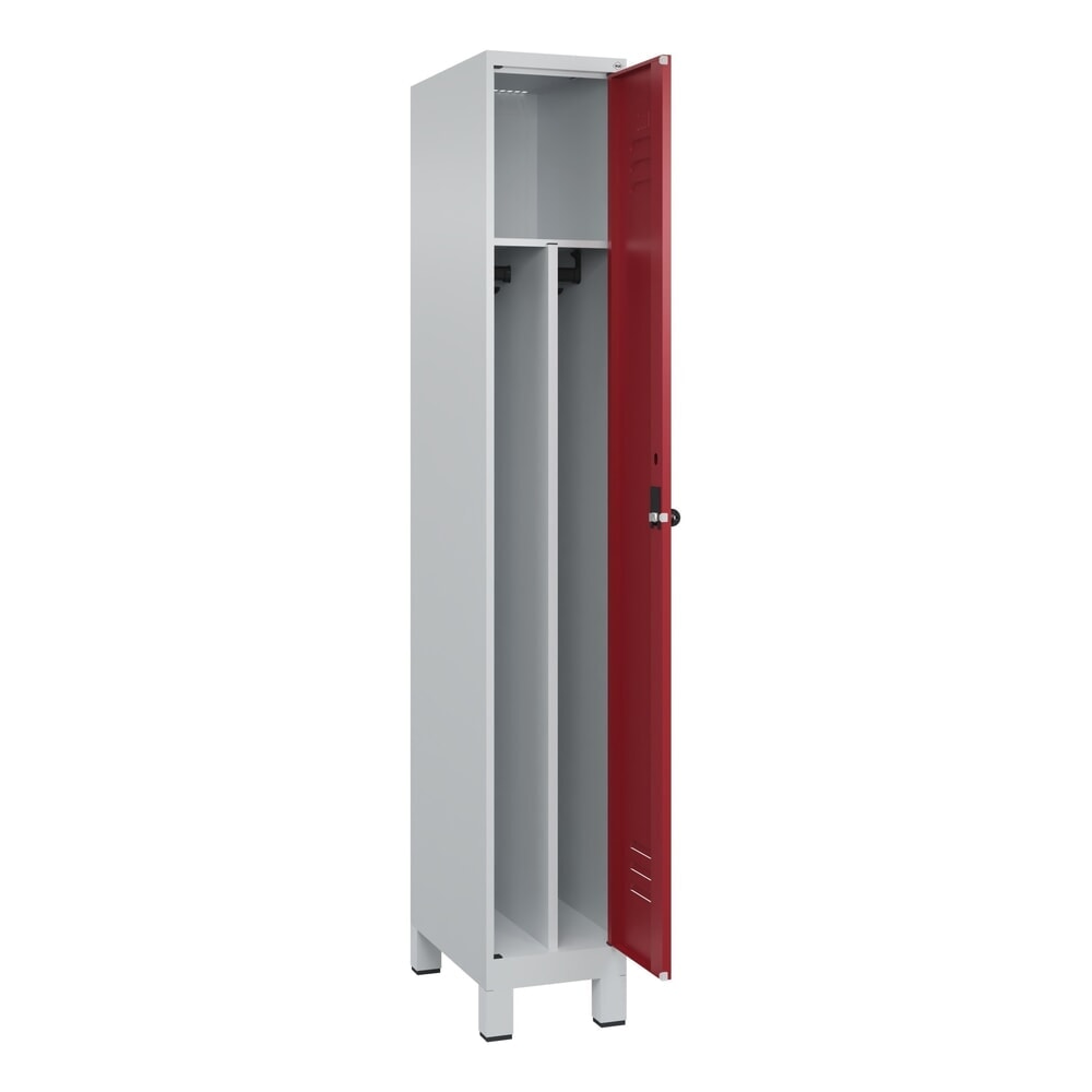 Produktabbildung: C+P Spind Classic PLUS, Füße, 1 Abteil, HxBxT 1.950 x 300 x 500 mm, lichtgrau, rubinrot, für Vorhängeschloss, mit Mitteltrennwand
