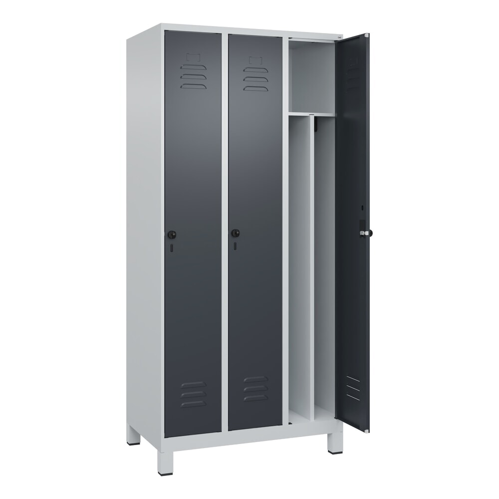 Produktabbildung: C+P Spind Classic PLUS, Füße, 3 Abteile, HxBxT 1.950 x 900 x 500 mm, lichtgrau, anthrazitgrau, für Vorhängeschloss, mit Mitteltrennwand