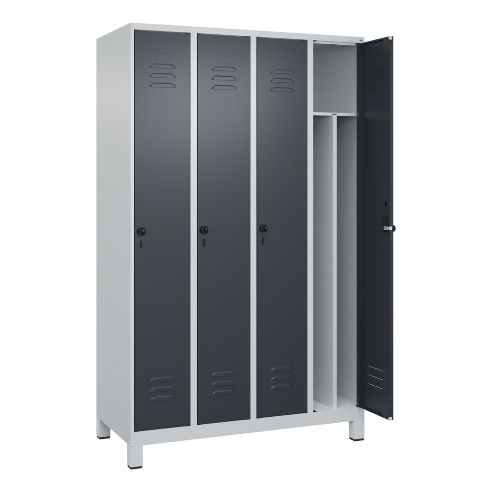 Produktabbildung: C+P Spind Classic PLUS, Füße, 4 Abteile, HxBxT 1.950 x 1.200 x 500 mm, lichtgrau, anthrazitgrau, für Vorhängeschloss, mit Mitteltrennwand