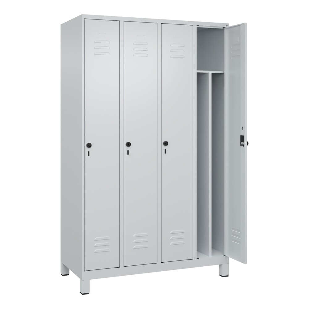 Produktabbildung: C+P Spind Classic PLUS, Füße, 4 Abteile, HxBxT 1.950 x 1.200 x 500 mm, lichtgrau, lichtgrau, für Vorhängeschloss, mit Mitteltrennwand