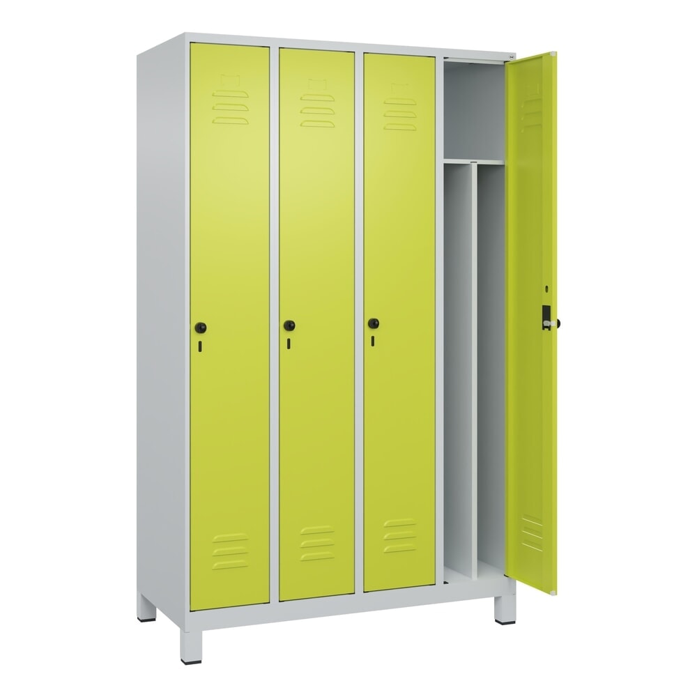 Produktabbildung: C+P Spind Classic PLUS, Füße, 4 Abteile, HxBxT 1.950 x 1.200 x 500 mm, lichtgrau, clowngrün, für Vorhängeschloss, mit Mitteltrennwand