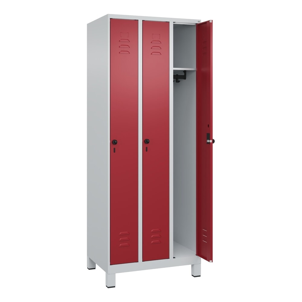 Produktabbildung: C+P Spind Classic PLUS, Füße, 3 Abteile, HxBxT 1.950 x 750 x 500 mm, lichtgrau, rubinrot, für Vorhängeschloss, ohne Mitteltrennwand