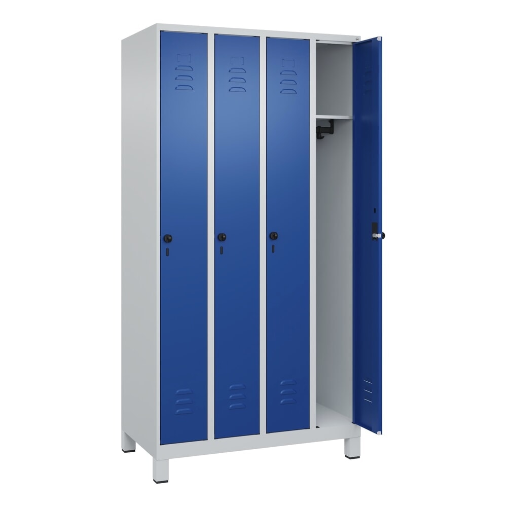 Produktabbildung: C+P Spind Classic PLUS, Füße, 4 Abteile, HxBxT 1.950 x 1.000 x 500 mm, lichtgrau, enzianblau, für Vorhängeschloss, ohne Mitteltrennwand