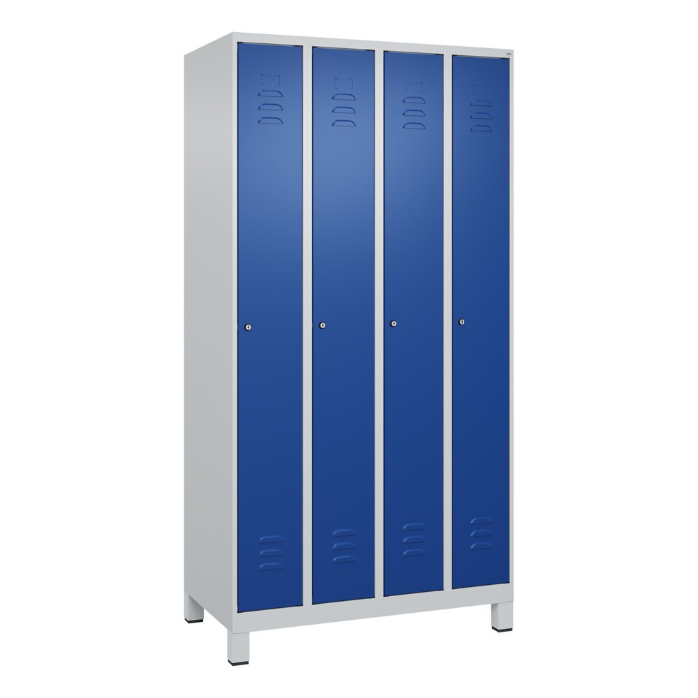 Produktabbildung: C+P Spind Classic PLUS, Füße, 4 Abteile, HxBxT 1.950 x 1.000 x 500 mm, lichtgrau, enzianblau, Zylinderschloss, ohne Mitteltrennwand