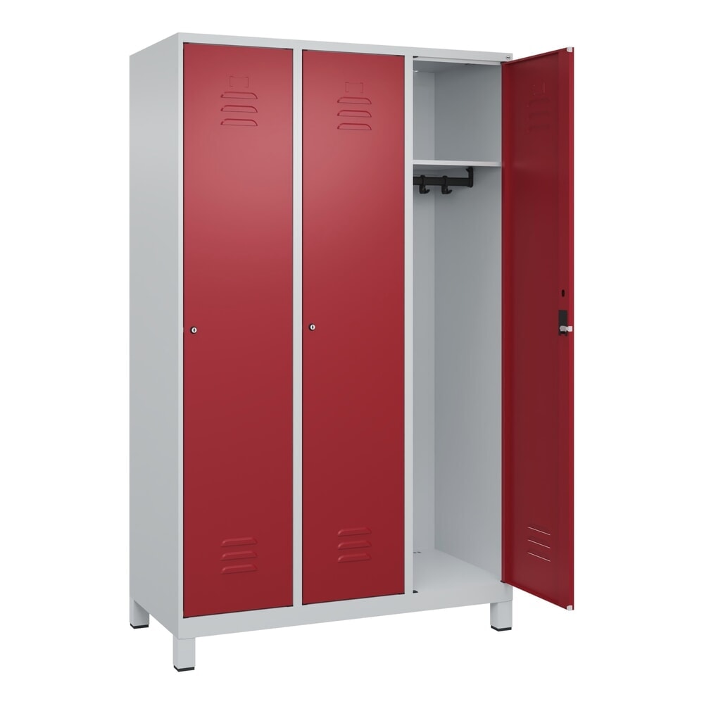 Produktabbildung: C+P Spind Classic PLUS, Füße, 3 Abteile, HxBxT 1.950 x 1.200 x 500 mm, lichtgrau, rubinrot, Zylinderschloss, ohne Mitteltrennwand