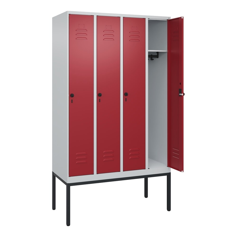 Produktabbildung: C+P Spind Classic PLUS, Gestell, 4 Abteile, HxBxT 2.120 x 1.200 x 500 mm, lichtgrau, rubinrot, für Vorhängeschloss, ohne Mitteltrennwand