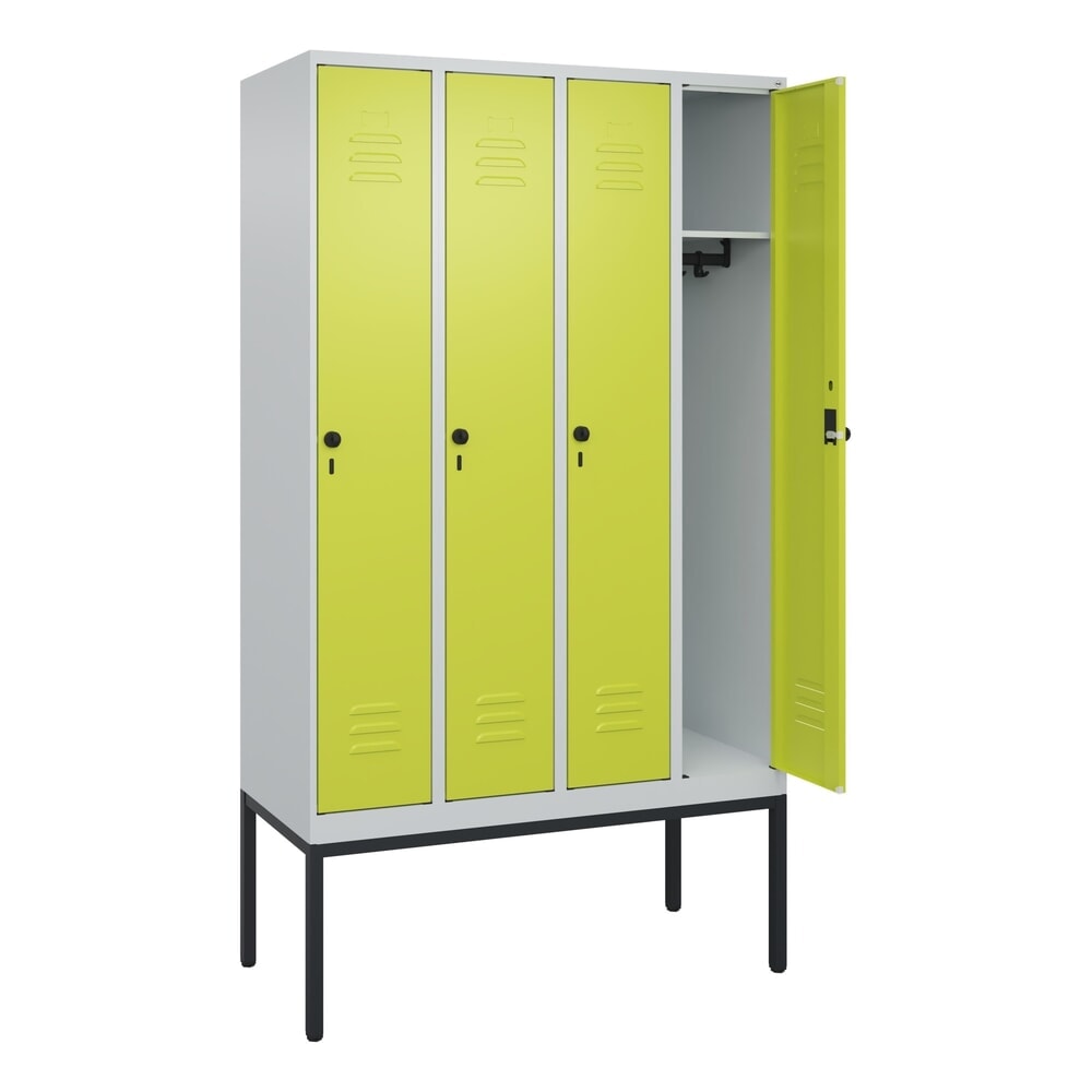 Produktabbildung: C+P Spind Classic PLUS, Gestell, 4 Abteile, HxBxT 2.120 x 1.200 x 500 mm, lichtgrau, clowngrün, für Vorhängeschloss, ohne Mitteltrennwand