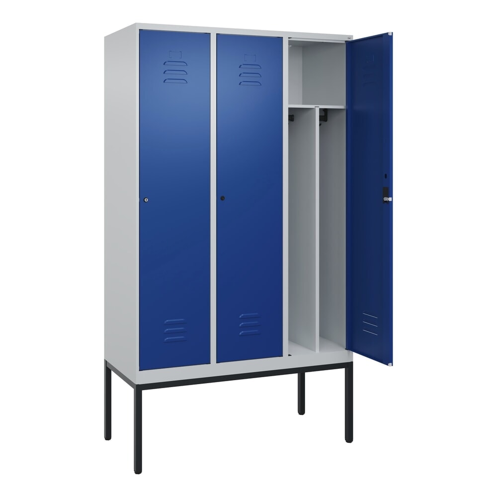 Produktabbildung: C+P Spind Classic PLUS, Gestell, 3 Abteile, HxBxT 2.120 x 1.200 x 500 mm, lichtgrau, enzianblau, Zylinderschloss, mit Mitteltrennwand