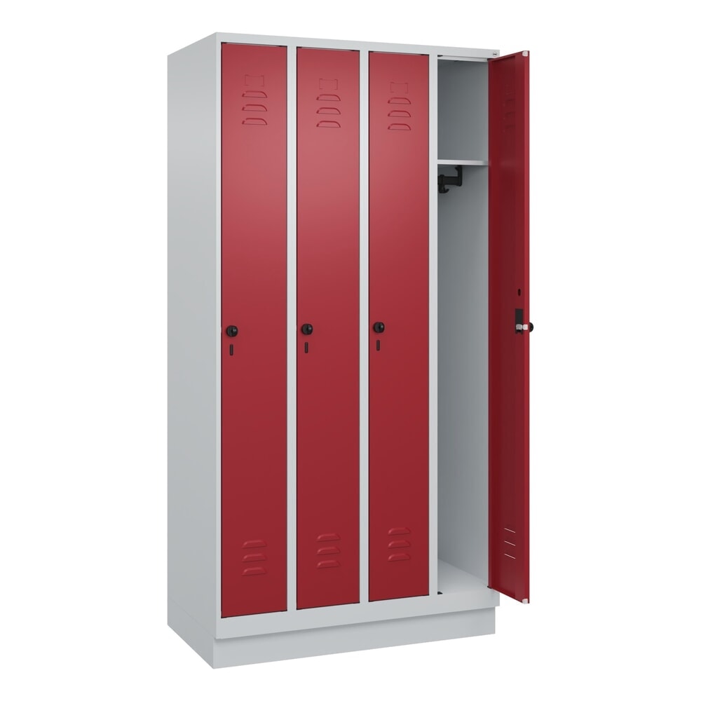 Produktabbildung: C+P Spind Classic PLUS, Sockel, 4 Abteile, HxBxT 1.950 x 1.000 x 500 mm, lichtgrau, rubinrot, für Vorhängeschloss, ohne Mitteltrennwand