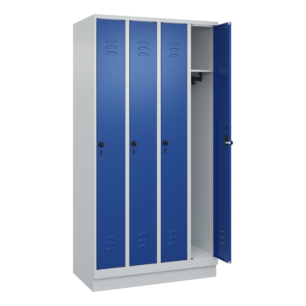 Produktabbildung: C+P Spind Classic PLUS, Sockel, 4 Abteile, HxBxT 1.950 x 1.000 x 500 mm, lichtgrau, enzianblau, für Vorhängeschloss, ohne Mitteltrennwand