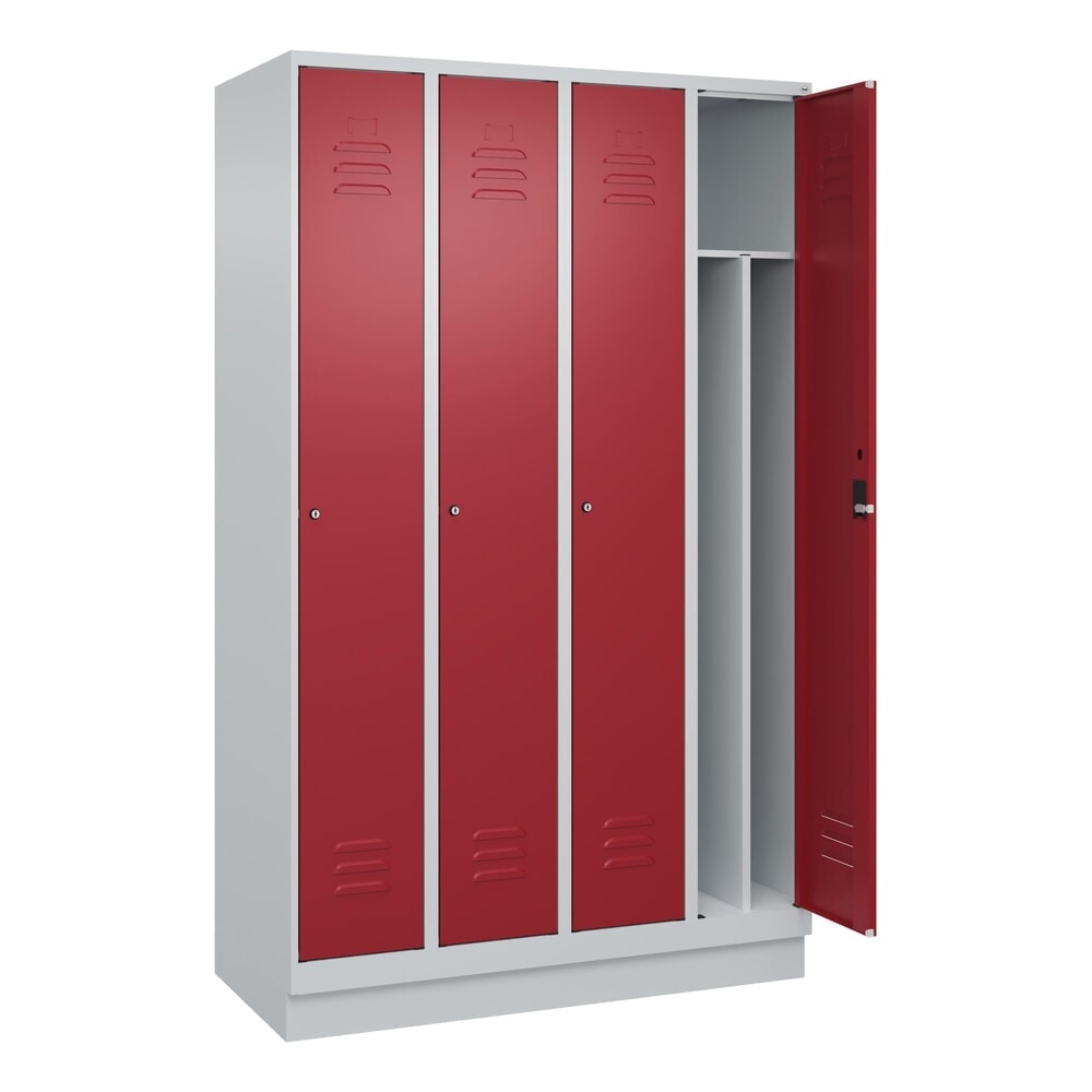 Produktabbildung: C+P Spind Classic PLUS, Sockel, 4 Abteile, HxBxT 1.950 x 1.200 x 500 mm, lichtgrau, rubinrot, Zylinderschloss, mit Mitteltrennwand