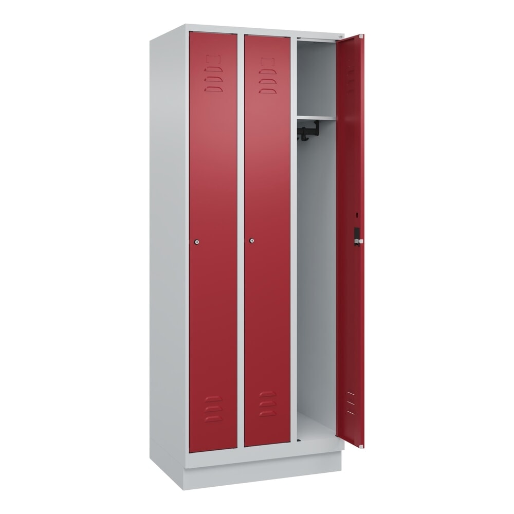 Produktabbildung: C+P Spind Classic PLUS, Sockel, 3 Abteile, HxBxT 1.950 x 750 x 500 mm, lichtgrau, rubinrot, Zylinderschloss, ohne Mitteltrennwand