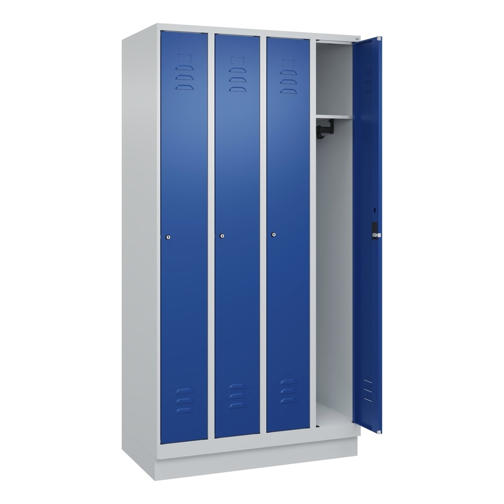 C+P Spind Classic PLUS, Sockel, 4 Abteile, HxBxT 1.950 x 1.000 x 500 mm, lichtgrau, enzianblau, Zylinderschloss, ohne Mitteltrennwand Produktabbildung: C+P Spind Classic PLUS, Sockel, 4 Abteile, HxBxT 1.950 x 1.000 x 500 mm, lichtgrau, enzianblau, Zylinderschloss, ohne Mitteltrennwand