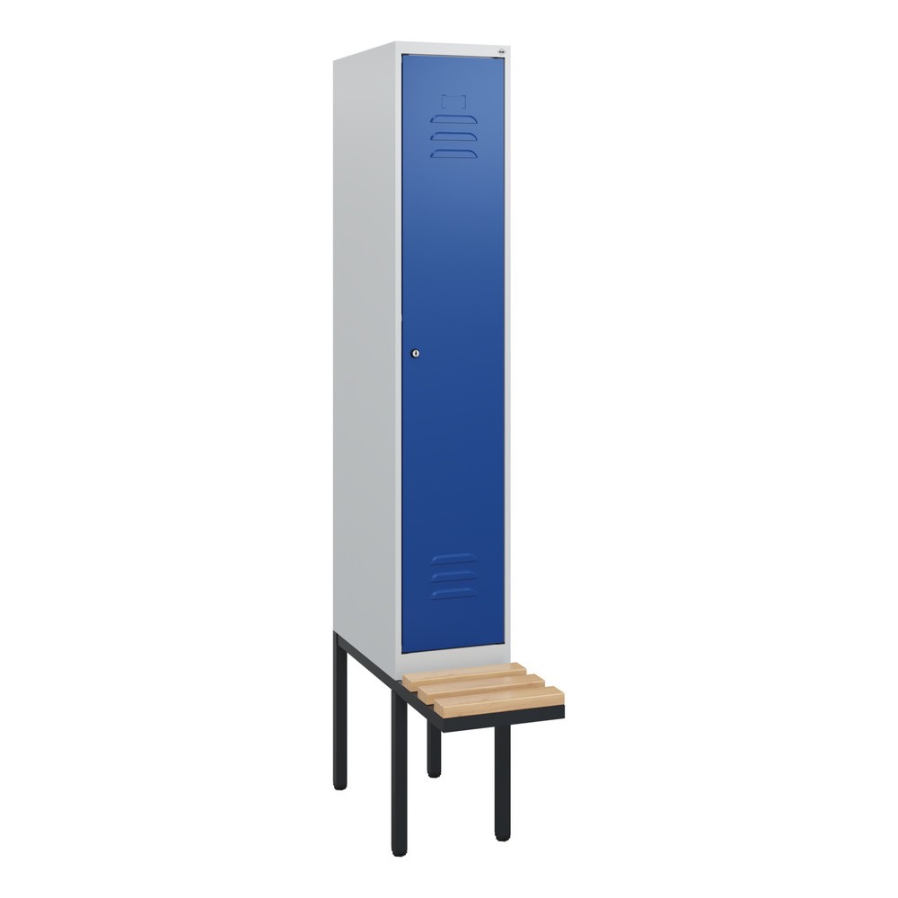 Produktabbildung: C+P Spind Classic PLUS, 1 Abteil, HxBxT 1.950 x 300 x 815 mm, Zylinderschloss, auskragende Bank aus Buche, lichtgrau, enzianblau