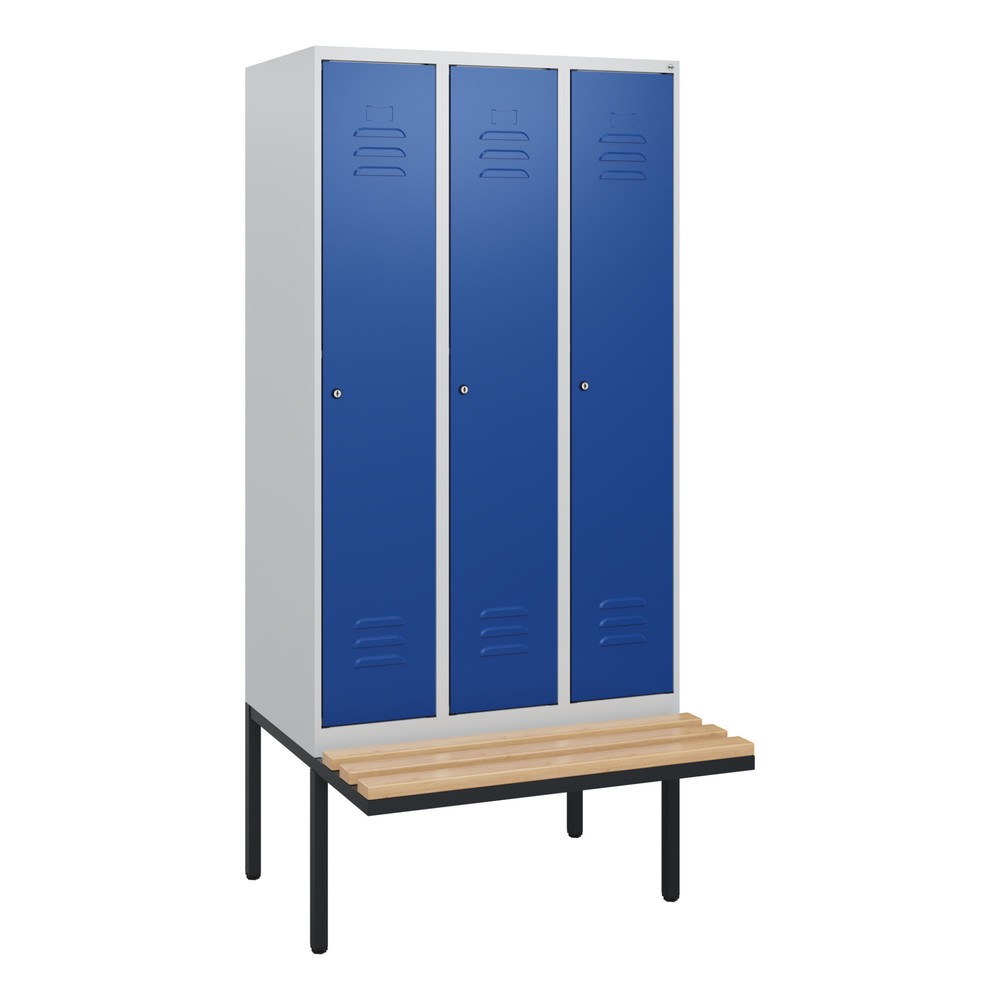 Produktabbildung: C+P Spind Classic PLUS, 3 Abteile, HxBxT 1.950 x 900 x 815 mm, Zylinderschloss, auskragende Bank aus Buche, lichtgrau, enzianblau