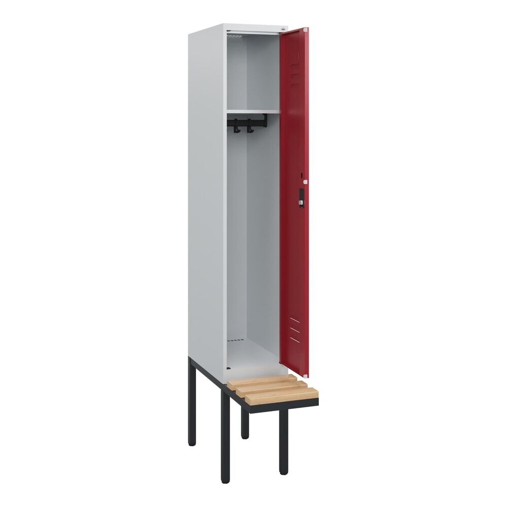 C+P Spind Classic PLUS, 1 Abteil, HxBxT 1.950 x 300 x 815 mm, Zylinderschloss, auskragende Bank aus Buche, lichtgrau, rubinrot Produktabbildung Nr. 1: C+P Spind Classic PLUS, 1 Abteil, HxBxT 1.950 x 300 x 815 mm, Zylinderschloss, auskragende Bank aus Buche, lichtgrau, rubinrot