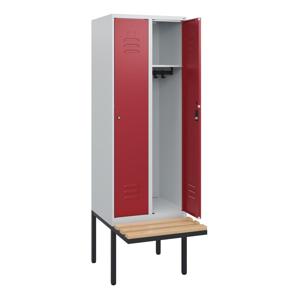 C+P Spind Classic PLUS, 2 Abteile, HxBxT 1.950 x 600 x 815 mm, Zylinderschloss, auskragende Bank aus Buche, lichtgrau, rubinrot Produktabbildung: C+P Spind Classic PLUS, 2 Abteile, HxBxT 1.950 x 600 x 815 mm, Zylinderschloss, auskragende Bank aus Buche, lichtgrau, rubinrot