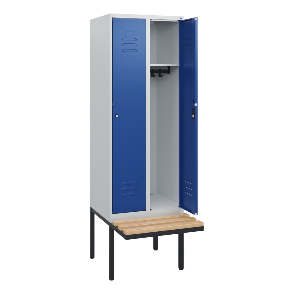 C+P Spind Classic PLUS, 2 Abteile, HxBxT 1.950 x 600 x 815 mm, Zylinderschloss, auskragende Bank aus Buche, lichtgrau, enzianblau Produktabbildung: C+P Spind Classic PLUS, 2 Abteile, HxBxT 1.950 x 600 x 815 mm, Zylinderschloss, auskragende Bank aus Buche, lichtgrau, enzianblau
