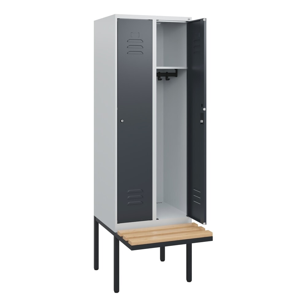 C+P Spind Classic PLUS, 2 Abteile, HxBxT 1.950 x 600 x 815 mm, Zylinderschloss, auskragende Bank aus Buche, lichtgrau, anthrazitgrau Produktabbildung: C+P Spind Classic PLUS, 2 Abteile, HxBxT 1.950 x 600 x 815 mm, Zylinderschloss, auskragende Bank aus Buche, lichtgrau, anthrazitgrau