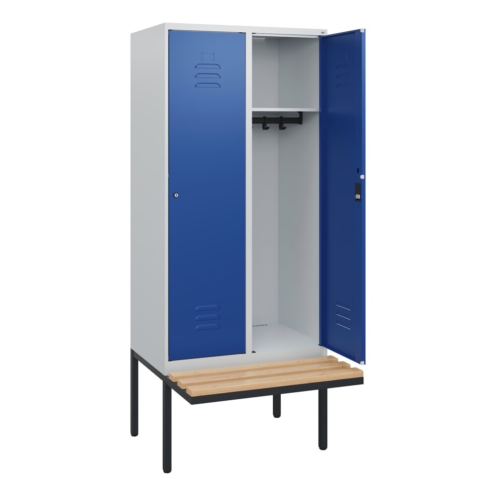 Produktabbildung: C+P Spind Classic PLUS, 2 Abteile, HxBxT 1.950 x 800 x 815 mm, Zylinderschloss, auskragende Bank aus Buche, lichtgrau, enzianblau