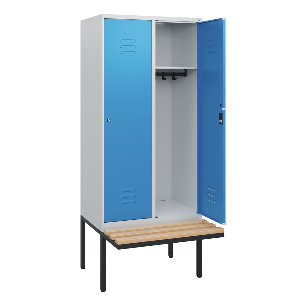 Produktabbildung: C+P Spind Classic PLUS, 2 Abteile, HxBxT 1.950 x 800 x 815 mm, Zylinderschloss, auskragende Bank aus Buche, lichtgrau, lichtblau