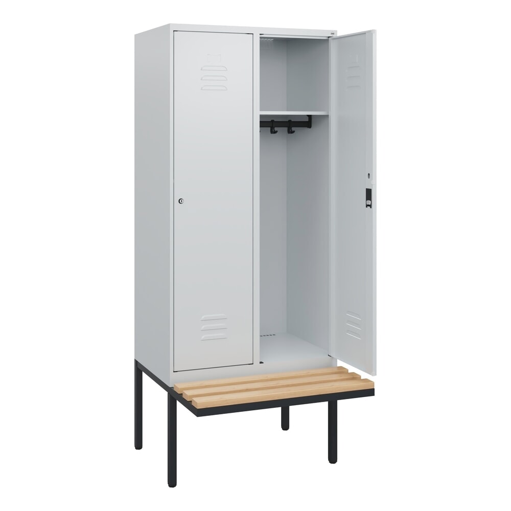 Produktabbildung: C+P Spind Classic PLUS, 2 Abteile, HxBxT 1.950 x 800 x 815 mm, Zylinderschloss, auskragende Bank aus Buche, lichtgrau, lichtgrau