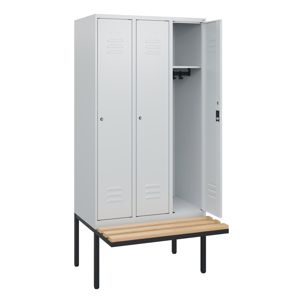 Produktabbildung Nr. 1: C+P Spind Classic PLUS, 3 Abteile, HxBxT 1.950 x 900 x 815 mm, Zylinderschloss, auskragende Bank aus Buche, lichtgrau, lichtgrau