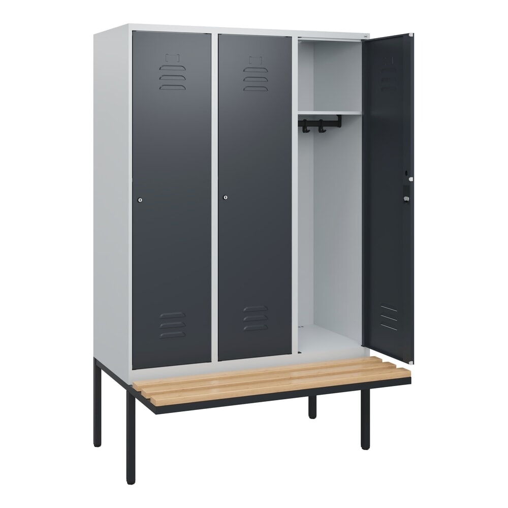 Produktabbildung: C+P Spind Classic PLUS, 3 Abteile, HxBxT 1.950 x 1.200 x 815 mm, Zylinderschloss, auskragende Bank aus Buche, lichtgrau, anthrazitgrau