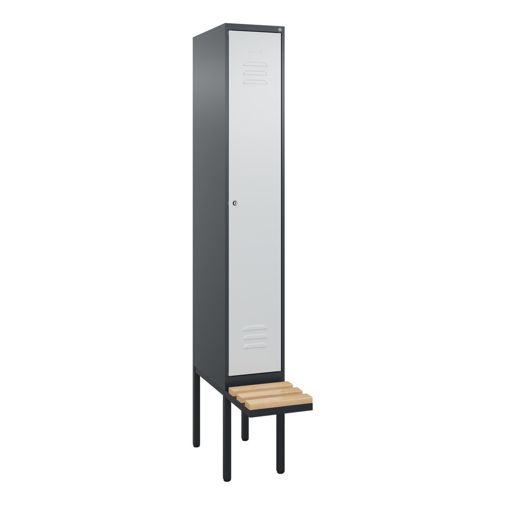 Produktabbildung: C+P Spind Classic PLUS, 1 Abteil, HxBxT 2.120 x 300 x 815 mm, Zylinderschloss, auskragende Bank aus Buche, anthrazitgrau, lichtgrau