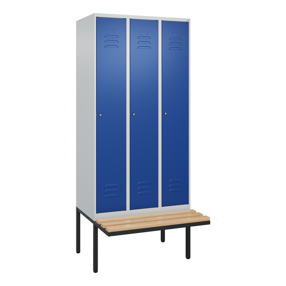 Produktabbildung: C+P Spind Classic PLUS, 3 Abteile, HxBxT 2.120 x 900 x 815 mm, Zylinderschloss, auskragende Bank aus Buche, lichtgrau, enzianblau