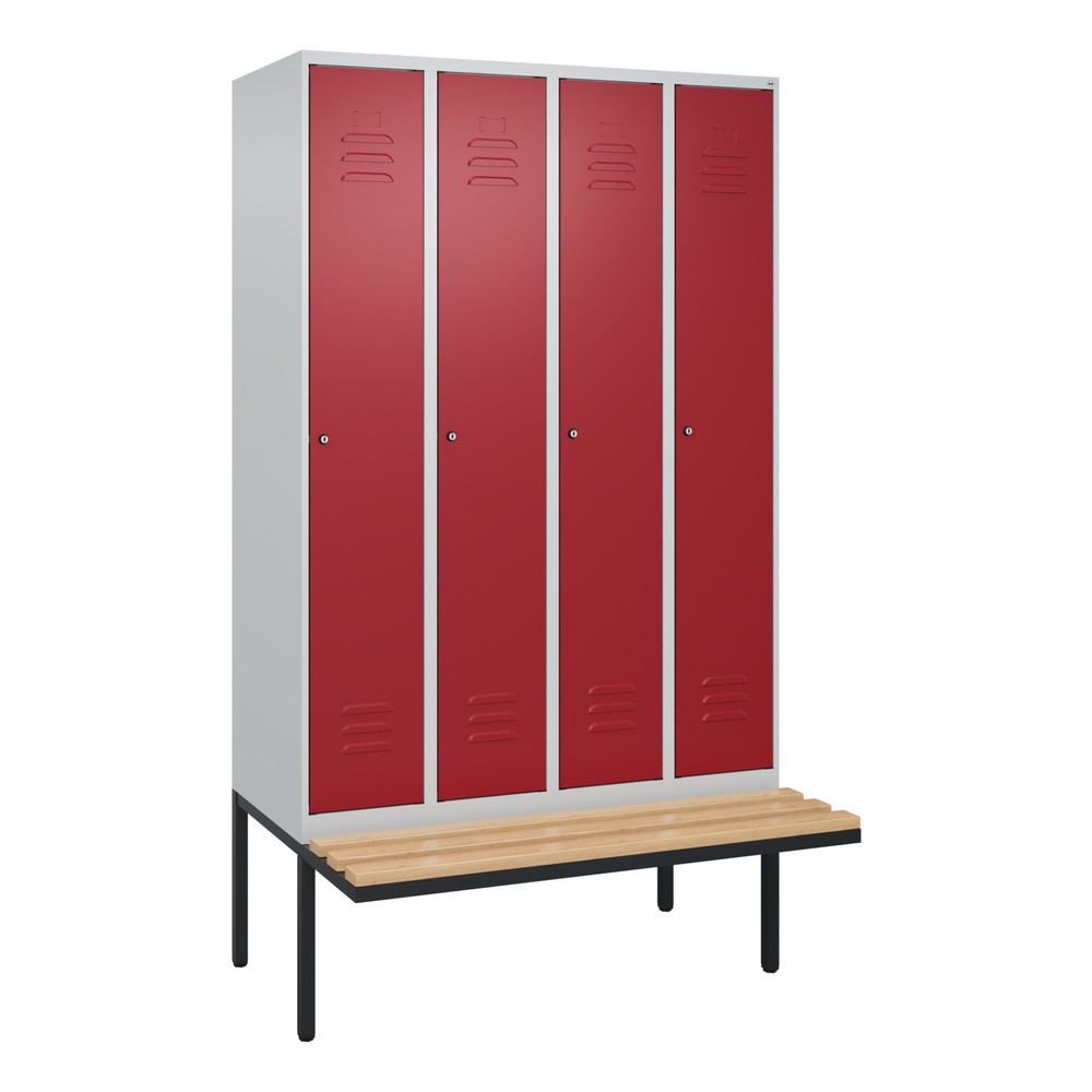 Produktabbildung: C+P Spind Classic PLUS, 4 Abteile, HxBxT 2.120 x 1.200 x 815 mm, Zylinderschloss, auskragende Bank aus Buche, lichtgrau, rubinrot
