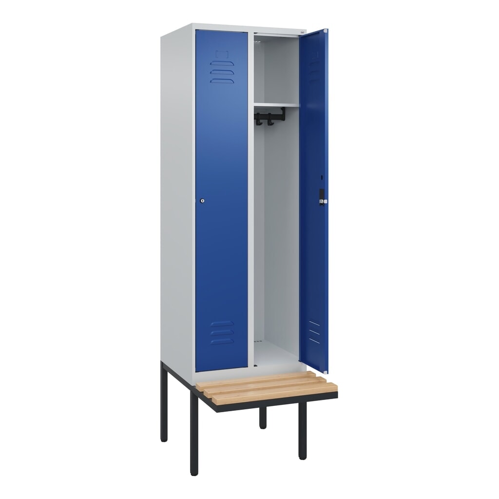 C+P Spind Classic PLUS, 2 Abteile, HxBxT 2.120 x 600 x 815 mm, Zylinderschloss, auskragende Bank aus Buche, lichtgrau, enzianblau Produktabbildung Nr. 1: C+P Spind Classic PLUS, 2 Abteile, HxBxT 2.120 x 600 x 815 mm, Zylinderschloss, auskragende Bank aus Buche, lichtgrau, enzianblau